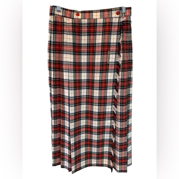Vintage Ladies Joyce Sportswear Kilt Red Plaid Pleated Skirt w/ Gold Pin Sz 10 - Picture 1 of 7